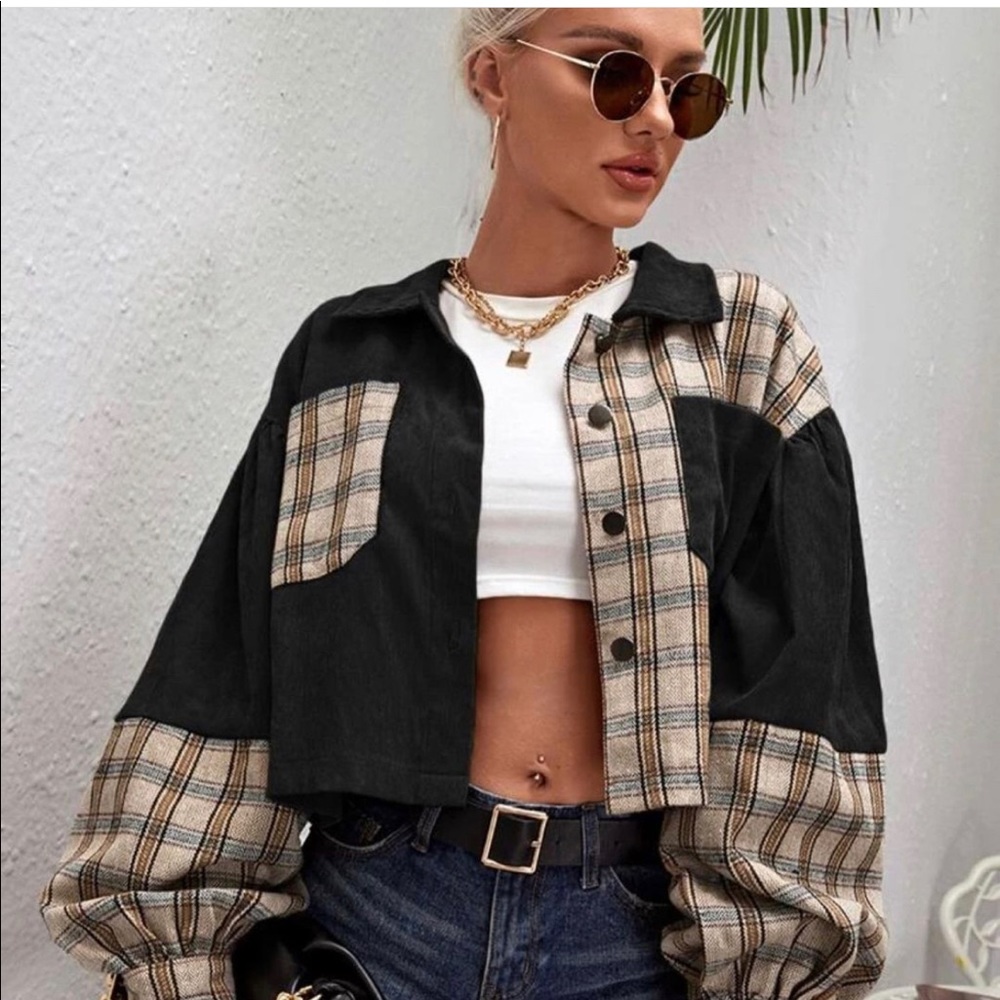 Bishop sleeve tartan corduroy jacket